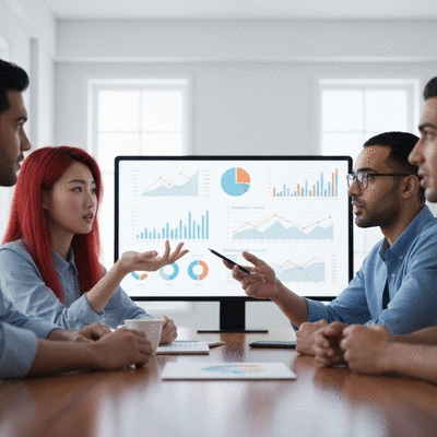 Diverse small business team discussing marketing data on a large screen