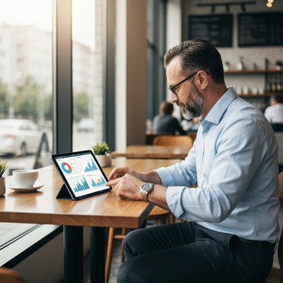 Local business owner using AI tools on a tablet to analyze customer data