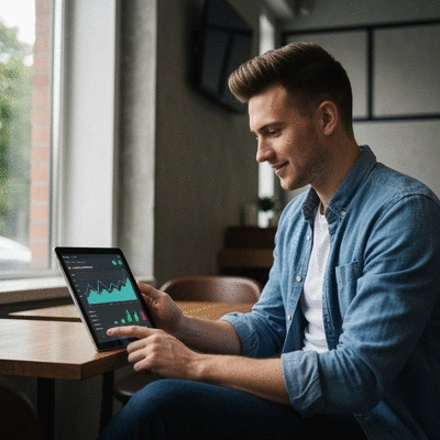 Small business owner confidently using AI-driven analytics on a tablet