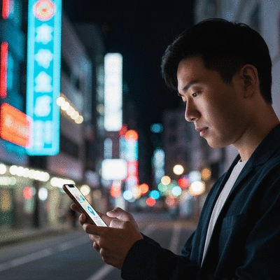 Person using a smartphone to search for local businesses, with map icons and search bar visible