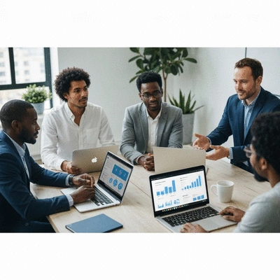 Modern office setting with diverse team collaborating around a table, using AI-driven marketing dashboards on laptops, no text, no words, no typography, clean image