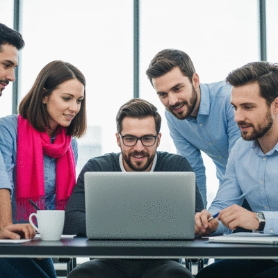 Team of small business employees collaborating around a laptop, discussing AI solutions, modern office setting, no text, no words, no typography, 8K, natural lighting