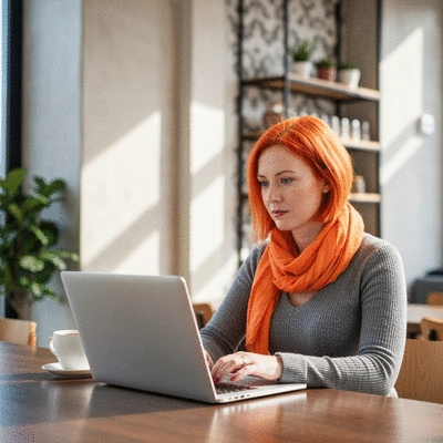 Modern small business owner using AI marketing automation software on a laptop in a cafe, looking focused and efficient, clean image, no text, no words, no typography