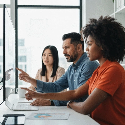 Diverse small business team collaborating in a modern office, using AI-powered tools on a large screen