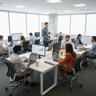 Modern office space with diverse team collaborating on AI marketing strategy