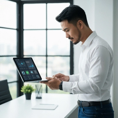 Small business owner using a tablet with AI tools displayed, clean office background, no text, no words, no typography, 8K, natural lighting