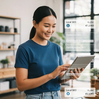 Smiling small business owner in a modern shop, using a tablet to manage online presence, with local SEO data overlay. Clean, bright, professional. 