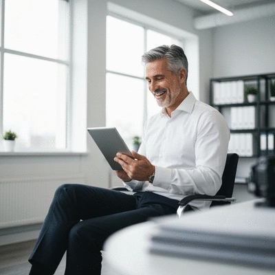 UK small business owner happily reviewing sales growth on a tablet, modern office background, clean image, no text