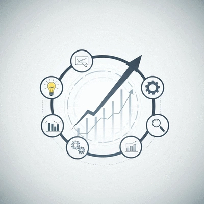 Digital growth chart with a rising arrow and business icons, clean and modern design