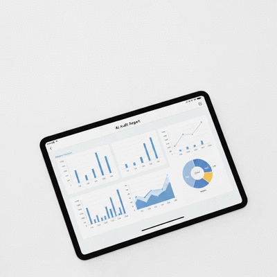 Detailed AI audit report on a tablet with charts and graphs, showing positive growth