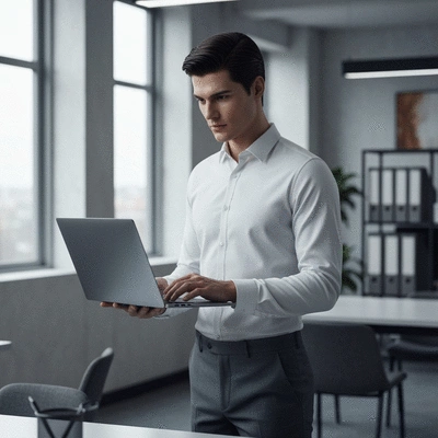 Modern office worker using AI software on a laptop to automate business tasks