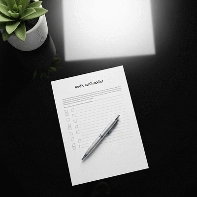 Checklist on a clipboard with a pen, surrounded by business related items, symbolizing audit and optimization