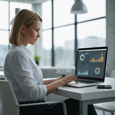 Small business owner using AI tools on a laptop to analyze data, with graphs and charts on screen