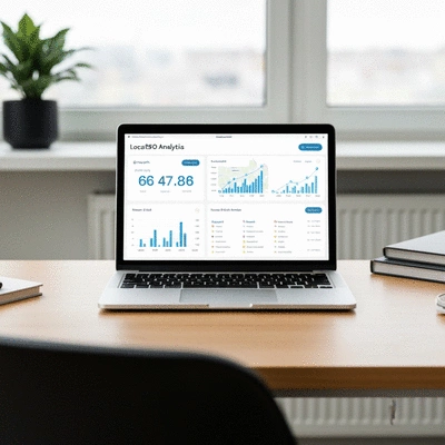 Modern workspace with laptop displaying local SEO analytics dashboard, showing growth metrics and map data. Clean, professional, focused.