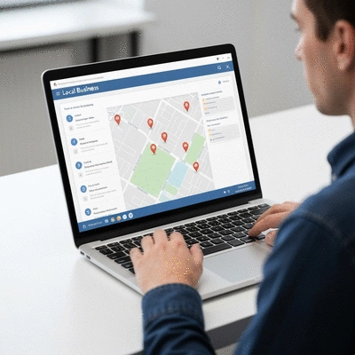 Person using a laptop with local business search results on screen, showing pins on a map, no text, no words, no typography, clean image