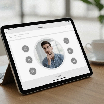 Professional looking AI chatbot interface on a tablet screen, interacting with a customer, clean image, no text, no words, no typography