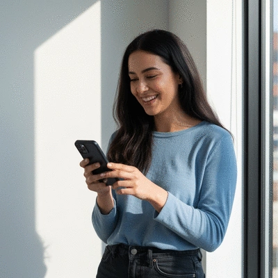 Person using a smartphone to interact with a local business chatbot, clean background, modern setting, no text, no words, no typography, 8K