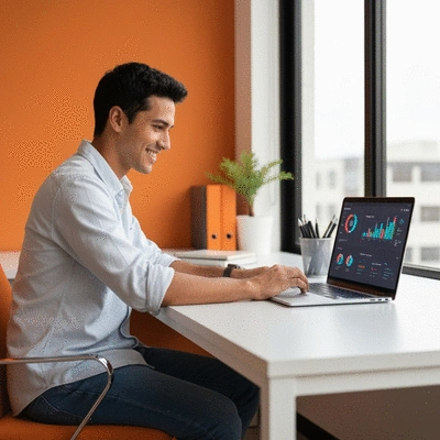 Small business owner analyzing marketing data on a laptop with AI-powered insights displayed, clean image, no text