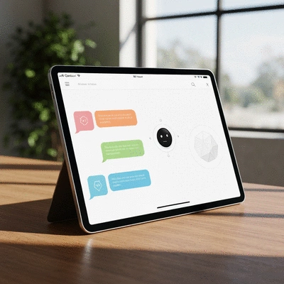 AI chatbot interface on a tablet screen, showing a conversation with a customer, clean modern design, no text, no words, no typography, 8K